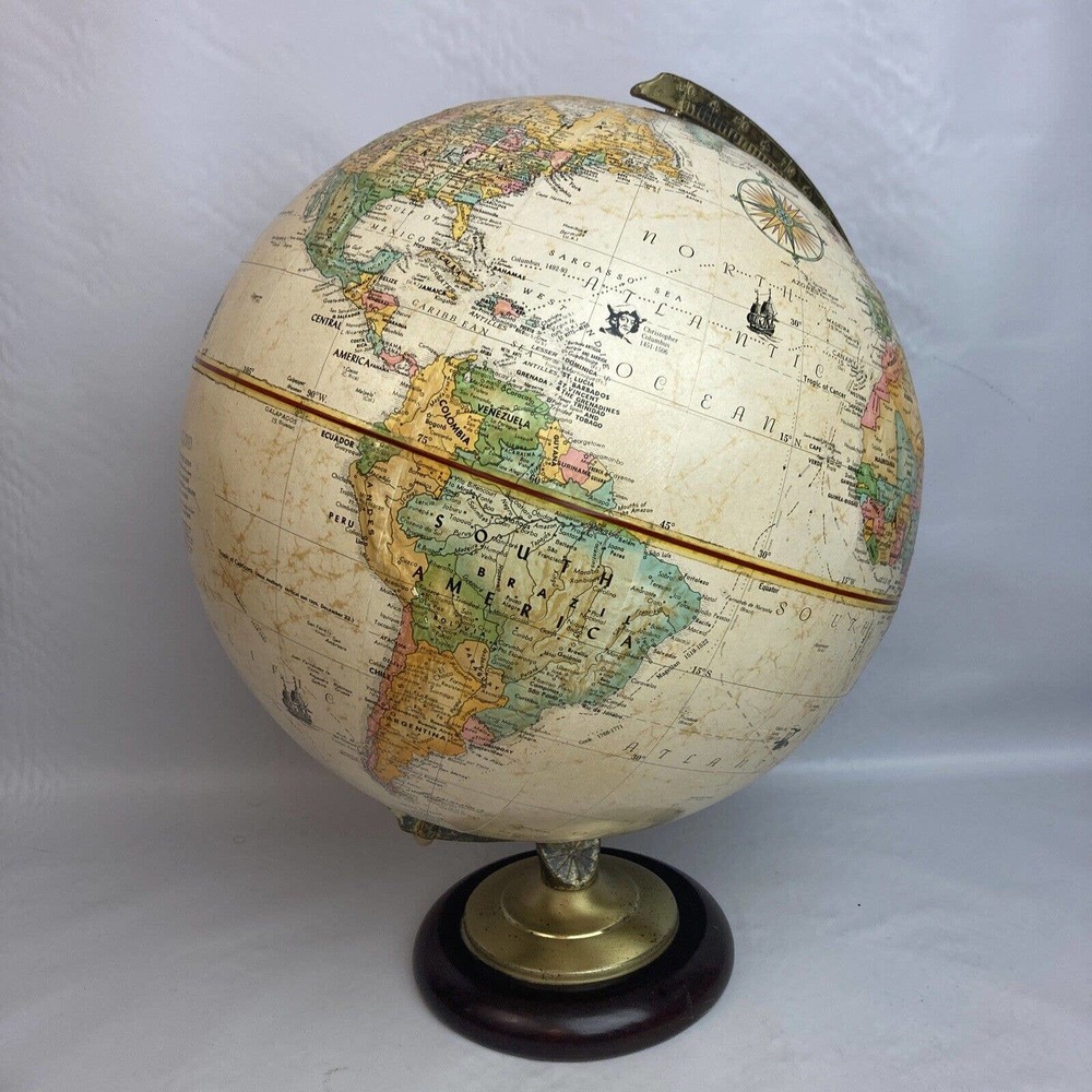 Vtg Globe Master Cream Gold Green 12” Diameter Rotating World Globe Wooden Base